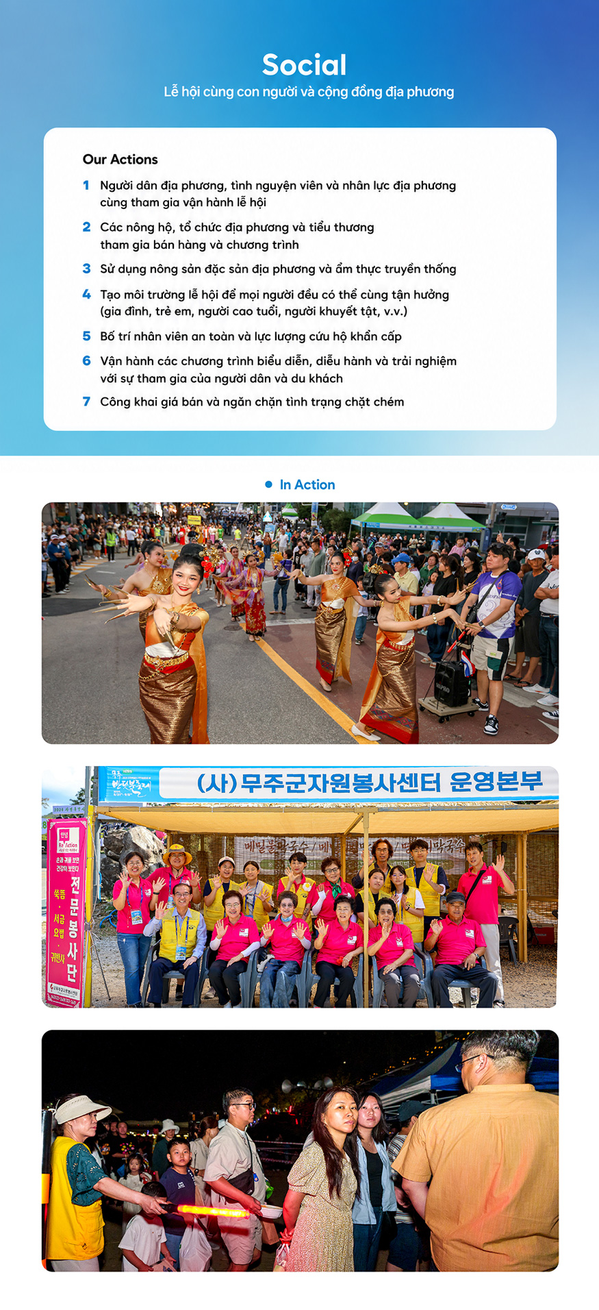 Social - 사람과 지역이 함께하는 축제. Our Actions - 1. 지역주민과 자원봉사자, 지역 인력의 축제 운영 참여, 2. 지역 농가와 단체, 소상공인의 판매 및 프로그램 참여, 3. 지역 농특산물과 향토 먹거리 활용, 5. 가족ㆍ어린이ㆍ고령자ㆍ장애인 등 누구나 즐길 수 있는 축제환경 조성, 5. d안전요원과 응급구조 인력 배치, 6. 주민과 방문객이 함께하는 공연ㆍ퍼레이드ㆍ체험 운영, 7. 판매가격 공개와 바가지 요금 예방